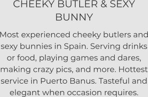 CHEEKY BUTLER & SEXY BUNNY  Most experienced cheeky butlers and sexy bunnies in Spain. Serving drinks or food, playing games and dares, making crazy pics, and more. Hottest service in Puerto Banus. Tasteful and elegant when occasion requires.