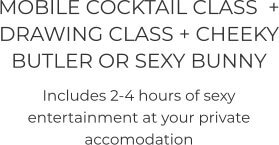 MOBILE COCKTAIL CLASS  + DRAWING CLASS + CHEEKY BUTLER OR SEXY BUNNY Includes 2-4 hours of sexy entertainment at your private accomodation